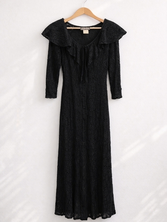All that Jazz Dresses & Skirts - All That Jazz~VTG 80s~Black Lace~Button Maxi Dress~Whimsygoth~Ruffled Collar~7/8